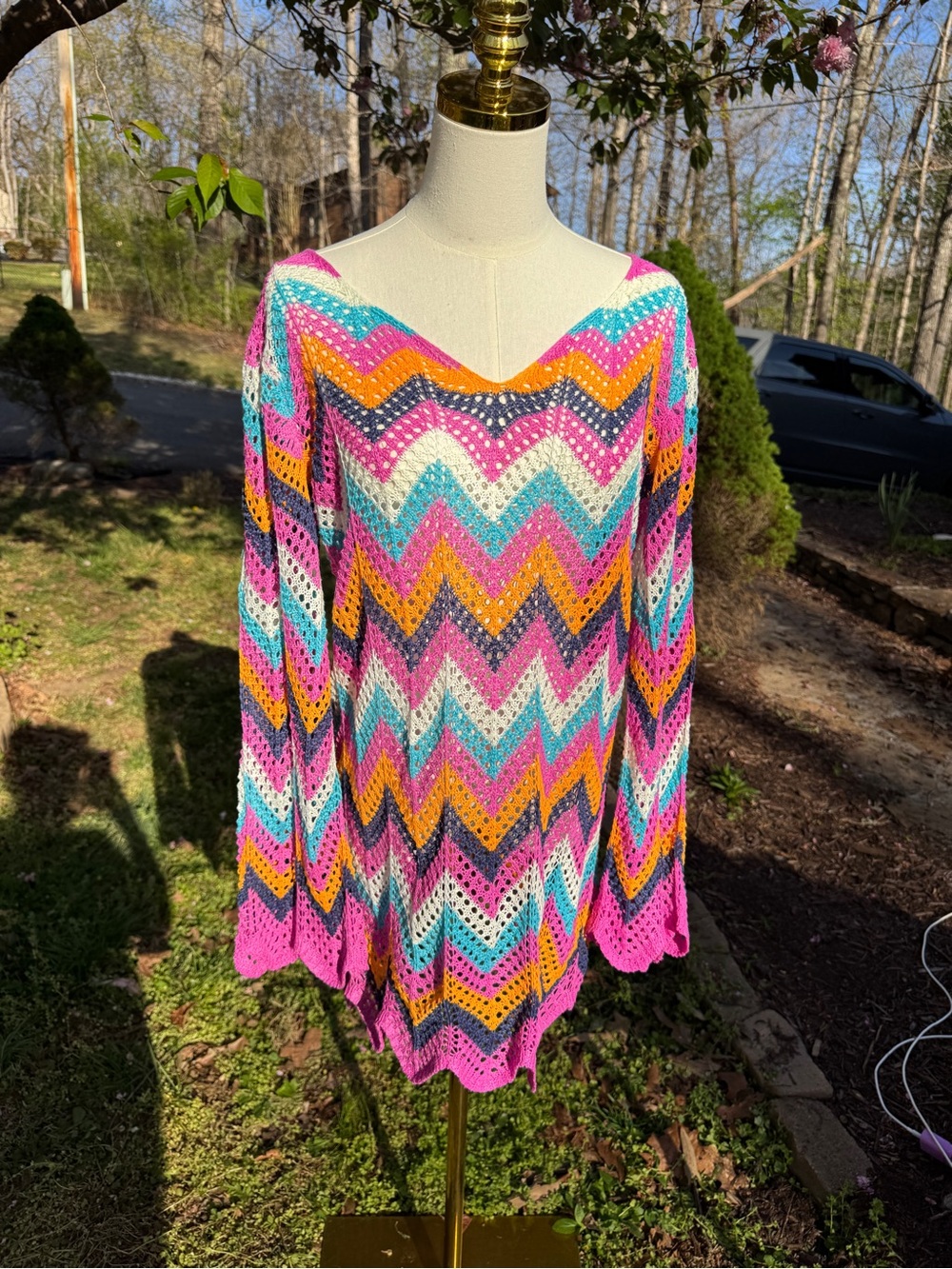 Colorful Crochet Chevron Swim Cover-Up Mini Dress Size Large Boho - Picture 4 of 12